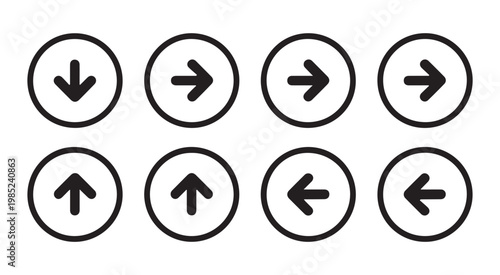 Set of eight circular arrow icons indicating direction down left right and up on transparent background.