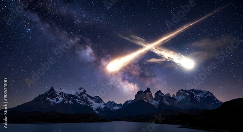 The celestial display illuminates the rugged peaks with the Milky Way visible in the background.