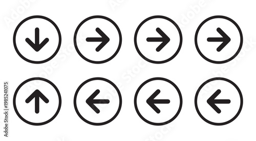 Set of eight circular arrow icons indicating direction down left right and up on transparent background.