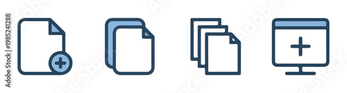 Blue tinted document icons with plus sign for adding files and stacked paper sheets representing data storage.