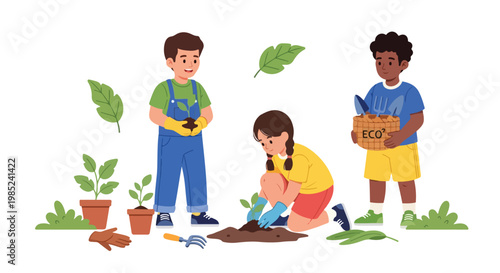 Three diverse children are happily working together to plant young green seedlings in a garden, using various tools to care for the environment.