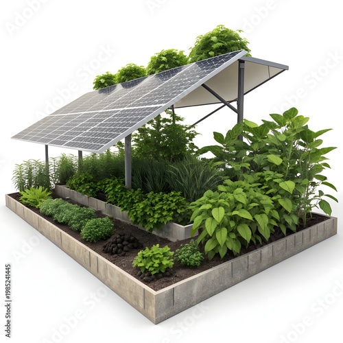 Solar power plant with panels on rooftops and green fields under a bright sky generating clean energy