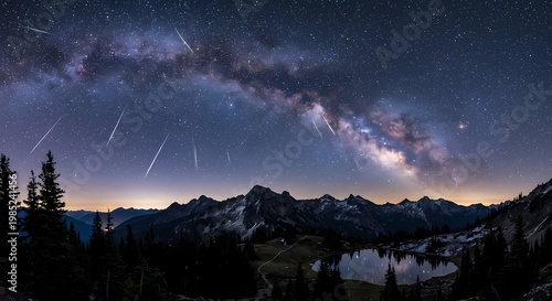 A panoramic view of the Milky Way galaxy arches across a clear night sky populated
