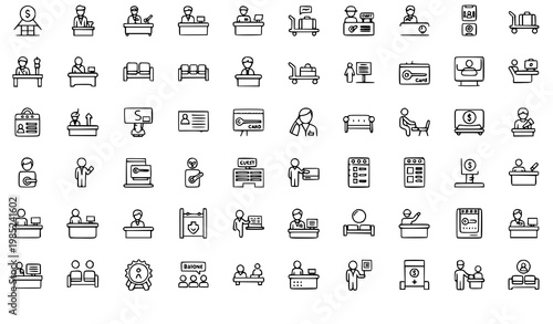 Office Reception and Hotel Lobby Outline Icon Set 50 Icons Editable Stroke Vector Collection