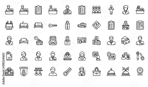Reception Desk and Hospitality Services 50 Line Icons Set Editable Stroke Vector Illustration
