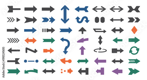 Set of vector arrows for various directions including straight, curved, double-headed, and decorative styles.