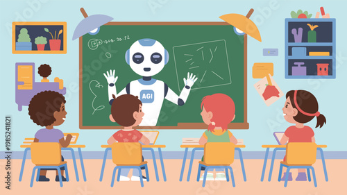 White robot with an AGI label teaching four diverse children in a colorful elementary school classroom