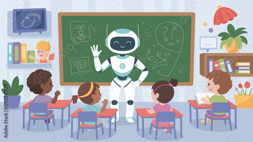 A white robot teacher stands in front of a green chalkboard in a classroom with diverse students