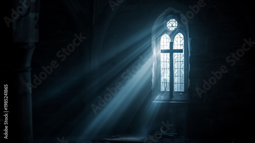 Dramatic light beams streaming through a church window illuminating a solitary cross inside a dark