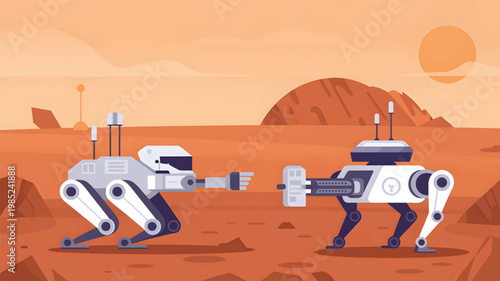 Two robotic quadrupeds are facing each other on the dusty orange surface of the planet Mars at sunset