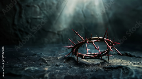 A dramatic and symbolic image of a crown of thorns resting on dark ground, illuminated by soft heavenly light from above