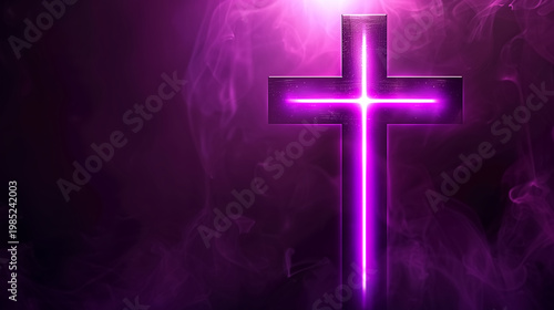 A glowing neon cross radiating vibrant purple and pink light in a dark atmospheric space with mist and reflections