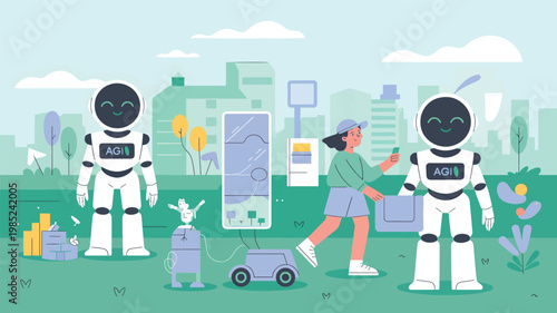 Two white humanoid robots labeled AGI are standing in a city park with a girl holding a green card