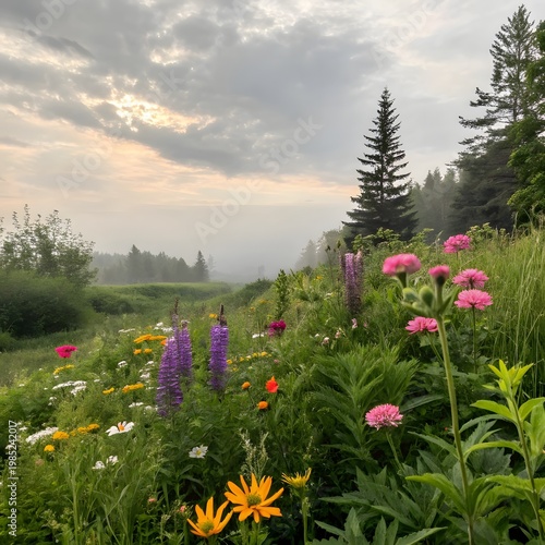 Pink wildflowers blooming across a sunny mountain meadow under a clear blue sky
