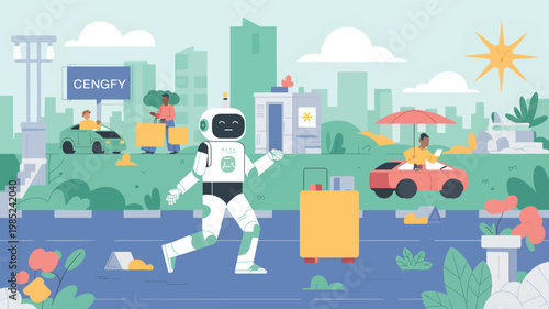 A white robot walking on a city street with a yellow suitcase, cars, people, and buildings in the background