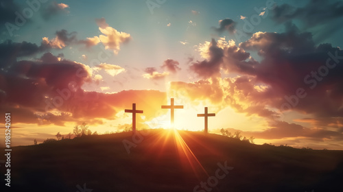 A powerful and symbolic scene of three crosses standing on a hill during a glowing sunset, with radiant light breaking through dramatic clouds