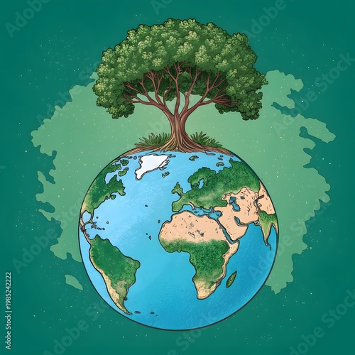Green tree growing on a globe representing earth and environmental sustainability