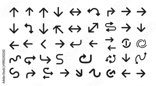 Thin line vector arrows collection with various geometric bends and loops for technical drawing and charts.