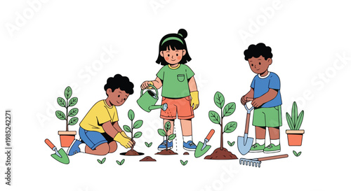 Three diverse children enjoy gardening outdoors, with one planting a sapling, another watering, and a third using a shovel to help.