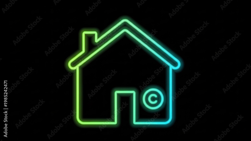 Fototapeta premium Vibrant neon house icon representing digital intellectual property protection and content ownership
