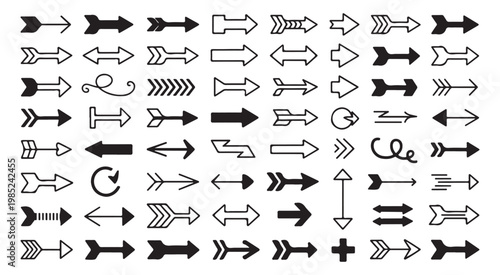 Vast array of distinct black arrow icons representing direction, movement and navigation on transparent background.