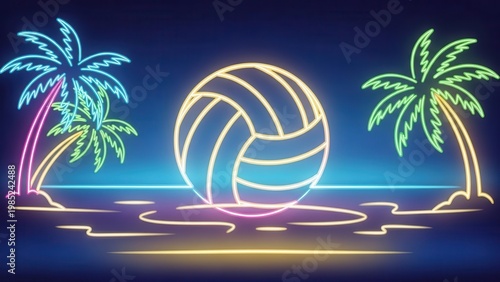 Vibrant neon volleyball court on a tropical beach at night with glowing palm trees for summer fun