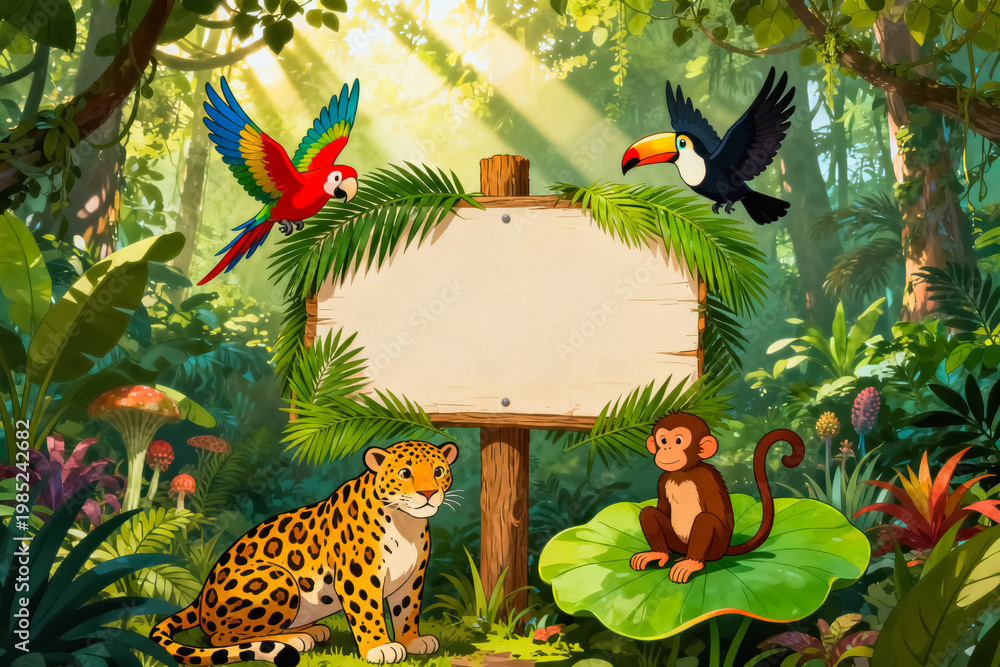 Fototapeta premium Cartoon Jungle Scene with Animals and Blank Sign