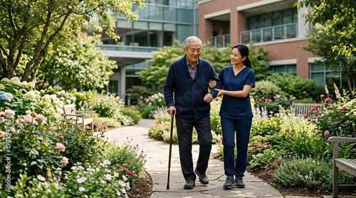 Elderly man walking with caregiver in peaceful hospital garden, supportive outdoor health care scene