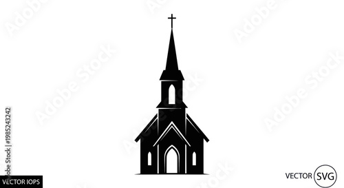 Silhouette Church Building with Steeple and Cross - Vector Icon