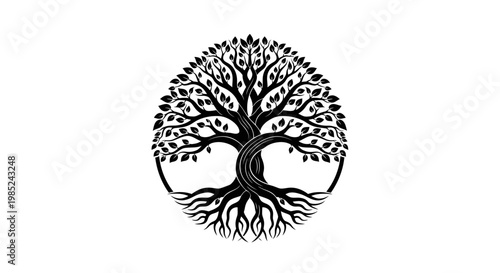 Symbolic Tree of Life illustration in circle, black and white, ancient symbol
