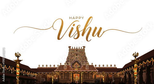 Elegant vector illustration showcases a 'Happy Vishu' greeting above a traditional Kerala temple, capturing the essence of the Malayali New Year celebration with festive decorations