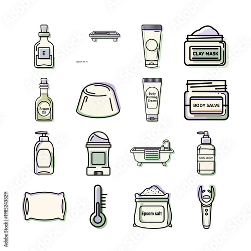 Skincare Product Outline Icons Vector or Beauty Products Line Art Icon Collection