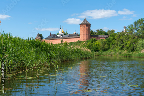 Spaso-Evfimiev Monastery (a monastery of the Vladimir Diocese of the Russian Orthodox Church) on the bank of the Kamenka River on a sunny summer day, Suzdal, Vladimir region, Russia