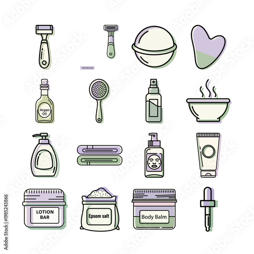 Skincare Products Line Art Icons Set or Minimalist Hygiene Items Vector Line Illustration