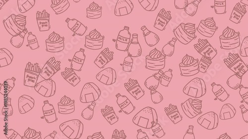 Seamless cute food pattern animation featuring milk bottles, french fries, bread and desserts on pink background. Perfect for kids, menu, packaging and background design.