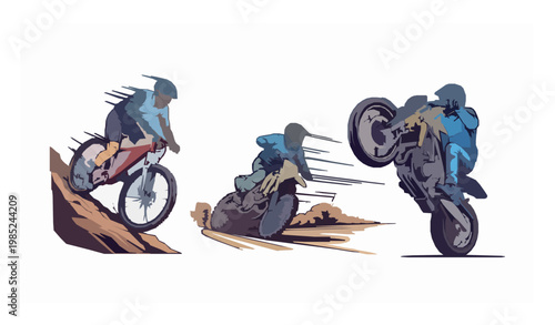 Extreme rider illustration set with mountain bicycle dirt motocross and street motorcycle vector bundle on white background