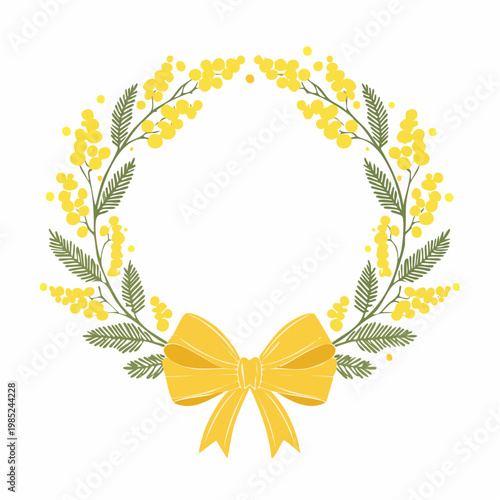 ミモザ春花植物円形フレームかわいい薄黄色リボン線画枠素材