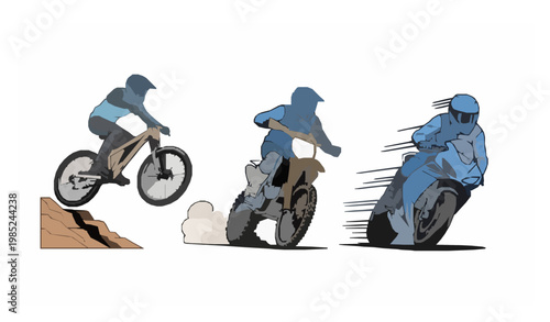 Extreme rider vector bundle with mountain bike dirt bike and motorcycle action illustration collection isolated on white background