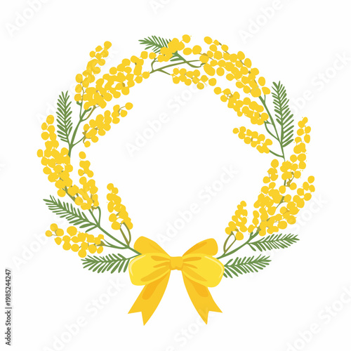 ミモザ春花植物円形フレームかわいい薄黄色リボン線画枠素材