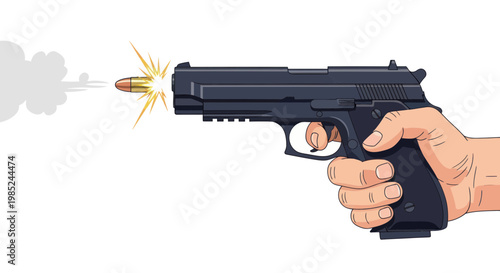 Hand Firing Pistol, Bullet Ejecting, Muzzle Flash, Smoke - Vector Illustration