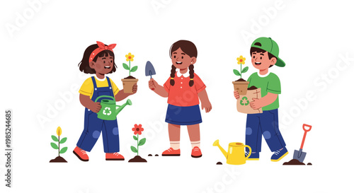Three diverse children are happily gardening together, holding potted plants, watering cans, and tools to plant colorful flowers in the soil.