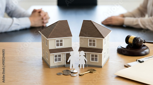 miniature house split in half with paper couple and judge gavel on wooden desk representing property division real estate law and legal divorce settlement process