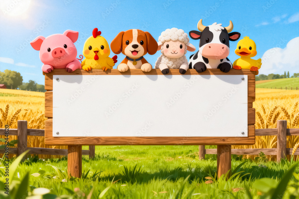 Fototapeta premium Cute Farm Animals with Blank Sign in Field