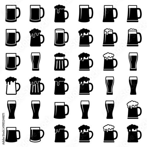 Beer mug icons black silhouette symbols and foaming tankard graphics