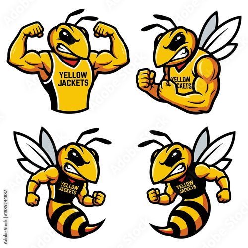 Muscular hornet mascot character set aggressive yellow jacket wasp illustrations