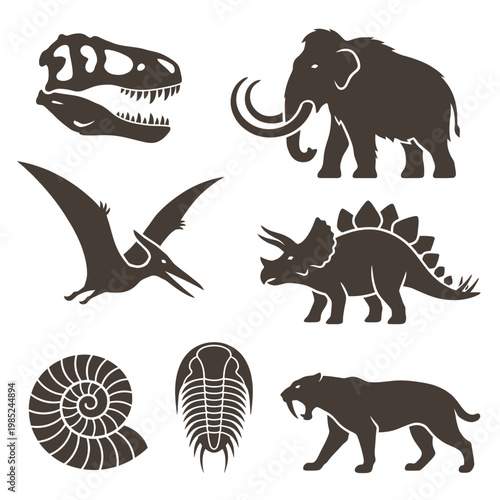 Fossil icons ancient animal silhouettes and prehistoric creature vector set