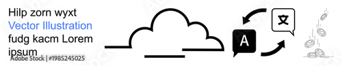 Language technology, data synchronization, multilingual tools, global accessibility, translation services, cloud computing. A digital cloud paired with translation icons and arrows. Language