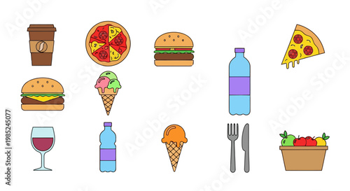 A colorful collection of fast food and drink icons, perfect for menus and graphic design projects