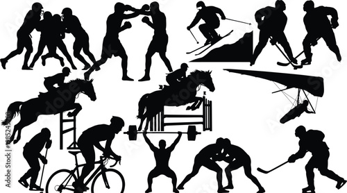 Collage of sport activity silhouettes with silhouette activity equestrian weightlifting competition movement illustration collection challenge individual training recreation strength