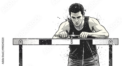 Athlete adjusting hurdle, track and field preparation, focused determination
